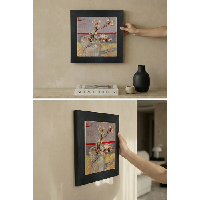 Vincent Van Gogh - Blossoming Almond Branch in a Glass- Doğal Ahşap Çerçeveli Taş Tablo