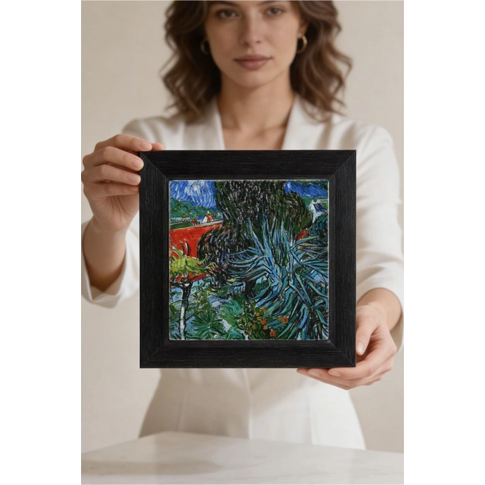 Vincent Van Gogh - Doctor Gachets Garden in Auvers - Doğal Ahşap Çerçeveli Taş Tablo
