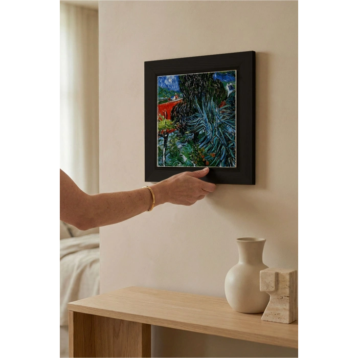 Vincent Van Gogh - Doctor Gachets Garden in Auvers - Doğal Ahşap Çerçeveli Taş Tablo
