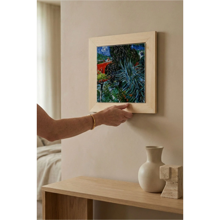 Vincent Van Gogh - Doctor Gachets Garden in Auvers - Doğal Ahşap Çerçeveli Taş Tablo