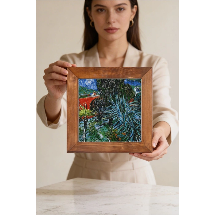 Vincent Van Gogh - Doctor Gachets Garden in Auvers - Doğal Ahşap Çerçeveli Taş Tablo