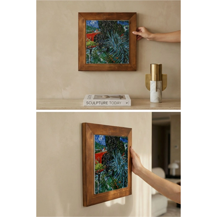 Vincent Van Gogh - Doctor Gachets Garden in Auvers - Doğal Ahşap Çerçeveli Taş Tablo