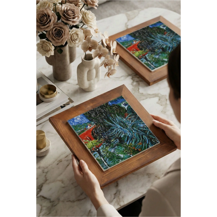 Vincent Van Gogh - Doctor Gachets Garden in Auvers - Doğal Ahşap Çerçeveli Taş Tablo