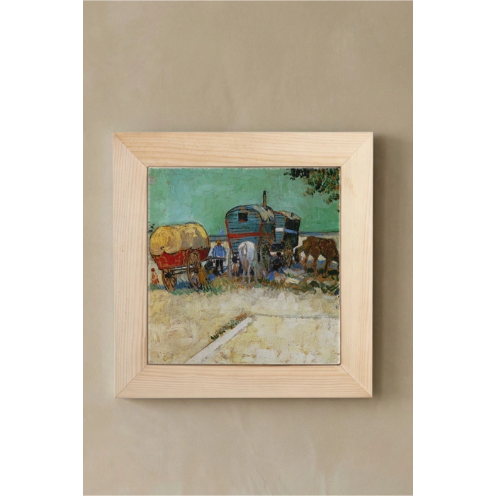 Vincent Van Gogh - Encampment of Gypsies with Caravans - Doğal Ahşap Çerçeveli Taş Tablo