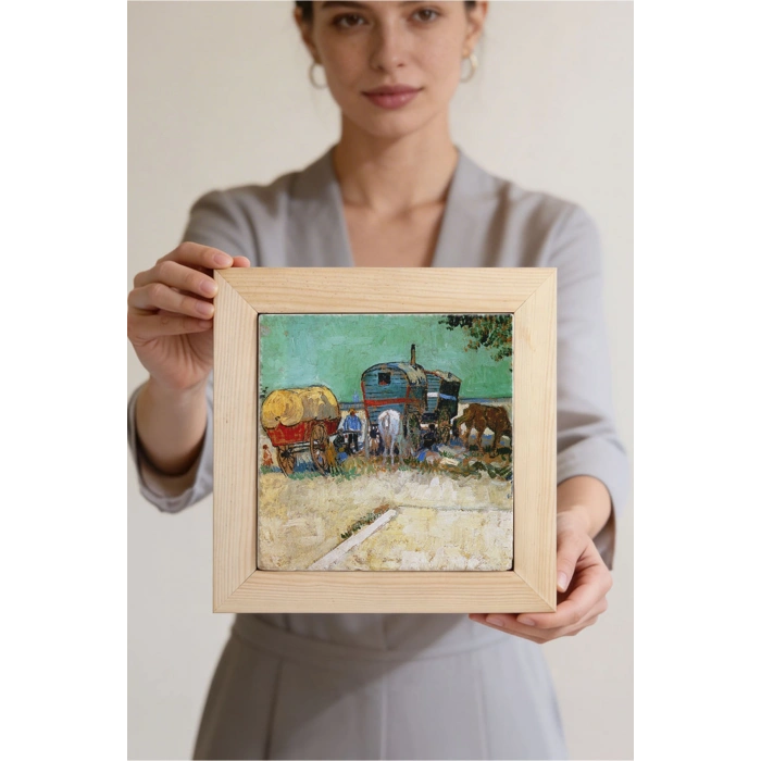 Vincent Van Gogh - Encampment of Gypsies with Caravans - Doğal Ahşap Çerçeveli Taş Tablo