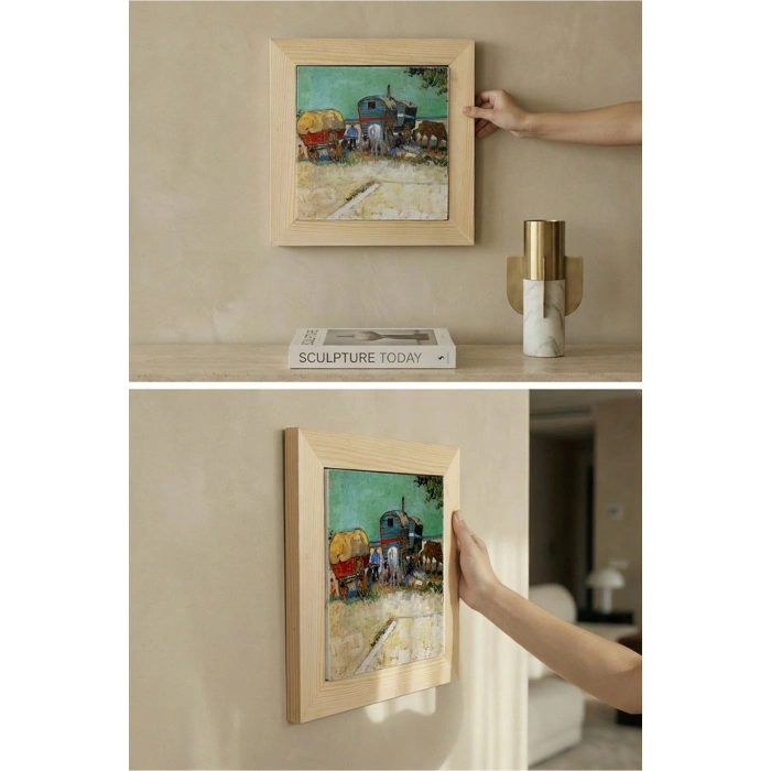Vincent Van Gogh - Encampment of Gypsies with Caravans - Doğal Ahşap Çerçeveli Taş Tablo