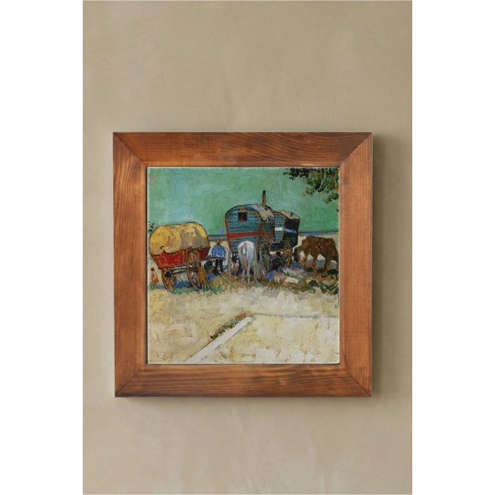 Vincent Van Gogh - Encampment of Gypsies with Caravans - Doğal Ahşap Çerçeveli Taş Tablo