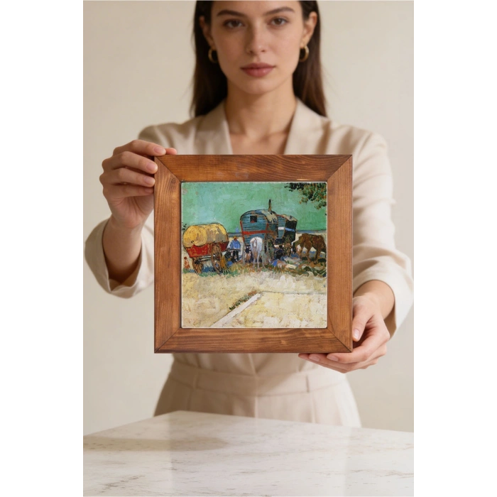 Vincent Van Gogh - Encampment of Gypsies with Caravans - Doğal Ahşap Çerçeveli Taş Tablo