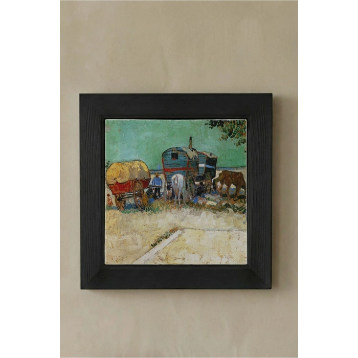 Vincent Van Gogh - Encampment of Gypsies with Caravans - Doğal Ahşap Çerçeveli Taş Tablo