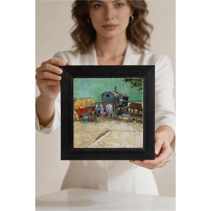 Vincent Van Gogh - Encampment of Gypsies with Caravans - Doğal Ahşap Çerçeveli Taş Tablo