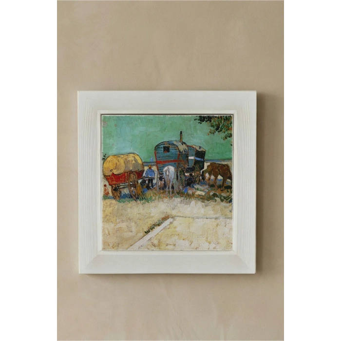 Vincent Van Gogh - Encampment of Gypsies with Caravans - Doğal Ahşap Çerçeveli Taş Tablo