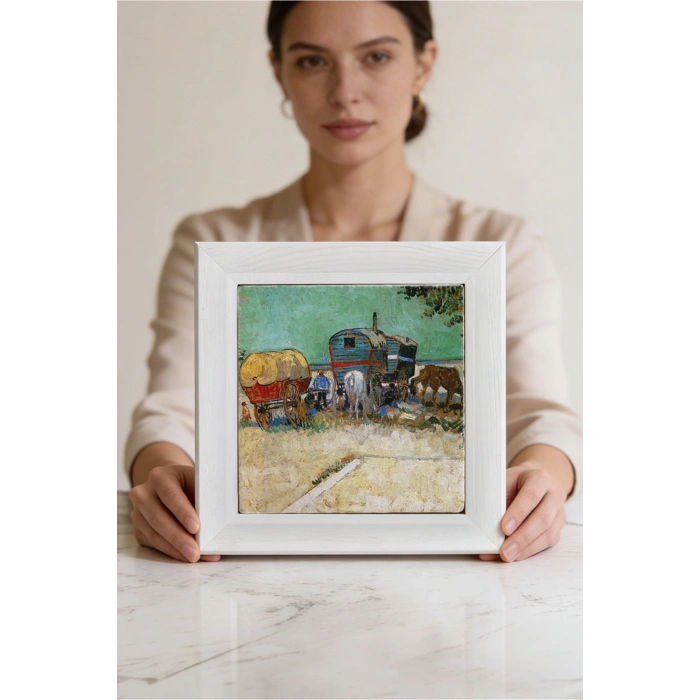 Vincent Van Gogh - Encampment of Gypsies with Caravans - Doğal Ahşap Çerçeveli Taş Tablo