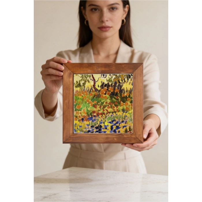 Vincent Van Gogh - Garden at Arles - Doğal Ahşap Çerçeveli Taş Tablo