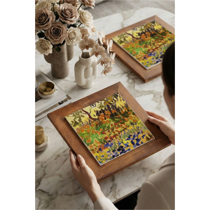 Vincent Van Gogh - Garden at Arles - Doğal Ahşap Çerçeveli Taş Tablo