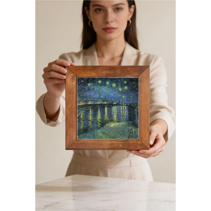 Vincent Van Gogh - Starry Night Over the Rhone - Doğal Ahşap Çerçeveli Taş Tablo