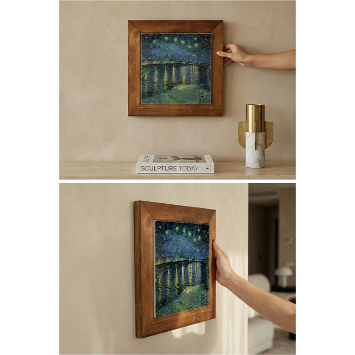 Vincent Van Gogh - Starry Night Over the Rhone - Doğal Ahşap Çerçeveli Taş Tablo