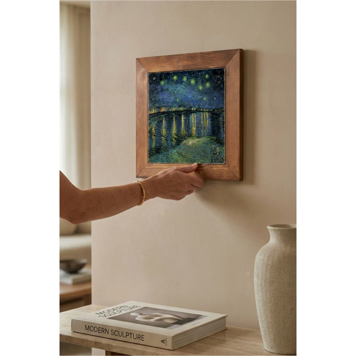 Vincent Van Gogh - Starry Night Over the Rhone - Doğal Ahşap Çerçeveli Taş Tablo