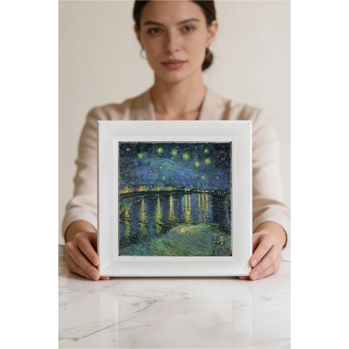 Vincent Van Gogh - Starry Night Over the Rhone - Doğal Ahşap Çerçeveli Taş Tablo