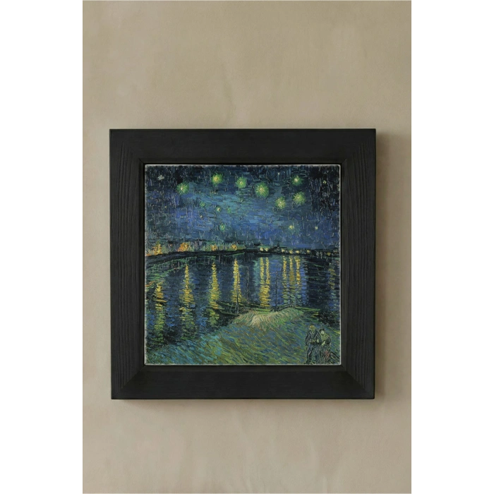 Vincent Van Gogh - Starry Night Over the Rhone - Doğal Ahşap Çerçeveli Taş Tablo