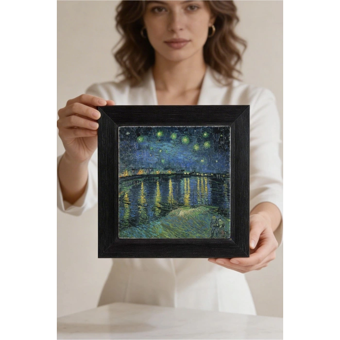 Vincent Van Gogh - Starry Night Over the Rhone - Doğal Ahşap Çerçeveli Taş Tablo