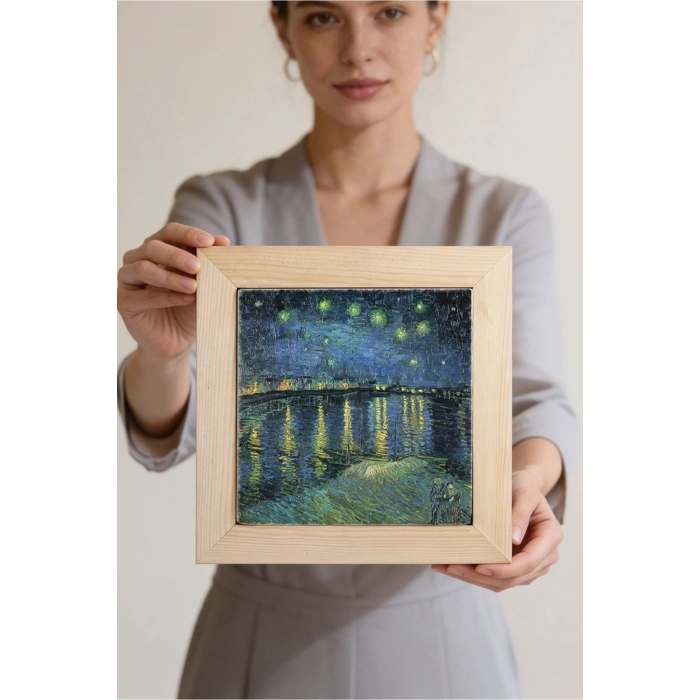 Vincent Van Gogh - Starry Night Over the Rhone - Doğal Ahşap Çerçeveli Taş Tablo