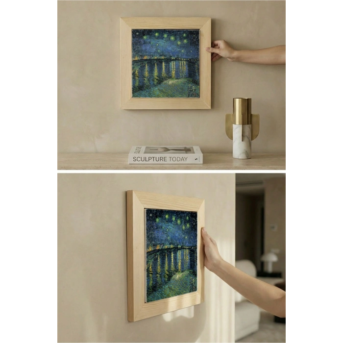 Vincent Van Gogh - Starry Night Over the Rhone - Doğal Ahşap Çerçeveli Taş Tablo