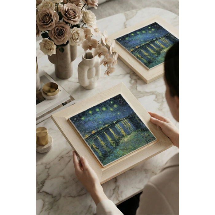 Vincent Van Gogh - Starry Night Over the Rhone - Doğal Ahşap Çerçeveli Taş Tablo