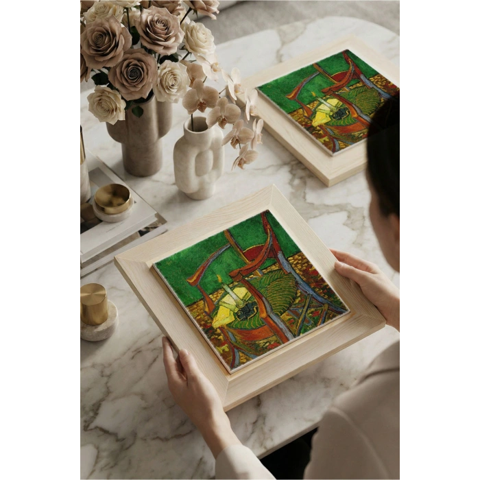 Vincent Van Gogh - De stoel van Gauguin - Doğal Ahşap Çerçeveli Taş Tablo