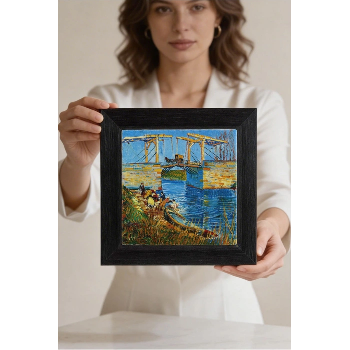 Vincent Van Gogh - Langlois Köprüsü - Doğal Ahşap Çerçeveli Taş Tablo