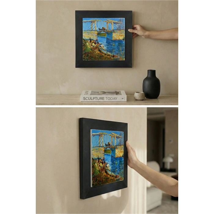 Vincent Van Gogh - Langlois Köprüsü - Doğal Ahşap Çerçeveli Taş Tablo