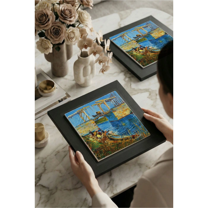Vincent Van Gogh - Langlois Köprüsü - Doğal Ahşap Çerçeveli Taş Tablo