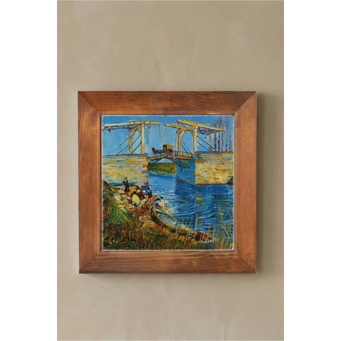 Vincent Van Gogh - Langlois Köprüsü - Doğal Ahşap Çerçeveli Taş Tablo