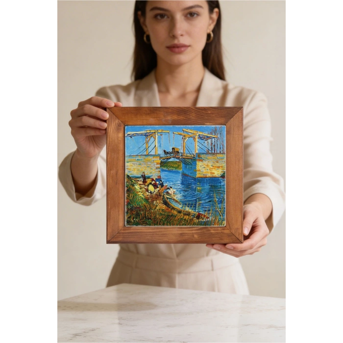 Vincent Van Gogh - Langlois Köprüsü - Doğal Ahşap Çerçeveli Taş Tablo