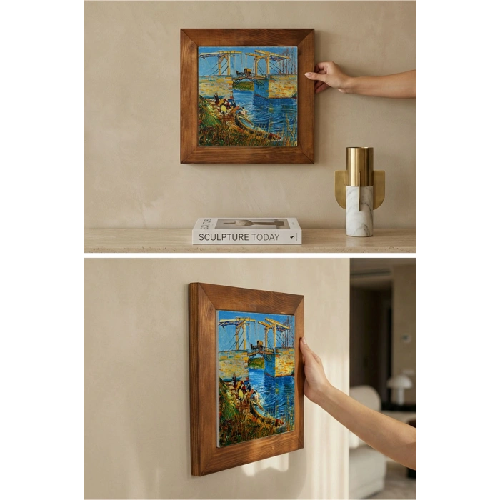 Vincent Van Gogh - Langlois Köprüsü - Doğal Ahşap Çerçeveli Taş Tablo