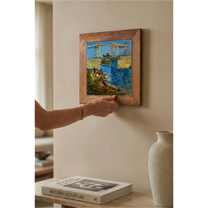 Vincent Van Gogh - Langlois Köprüsü - Doğal Ahşap Çerçeveli Taş Tablo