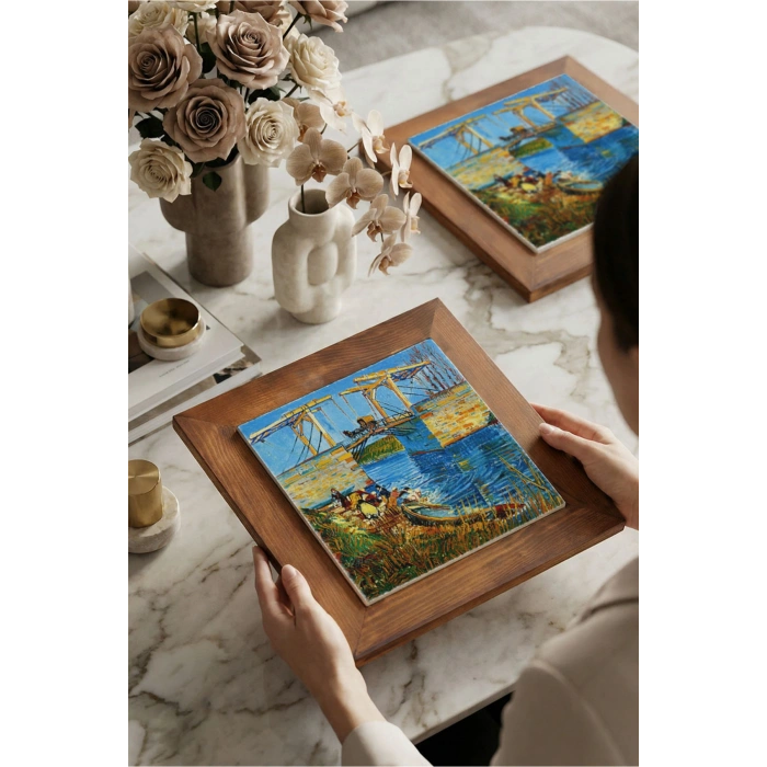 Vincent Van Gogh - Langlois Köprüsü - Doğal Ahşap Çerçeveli Taş Tablo