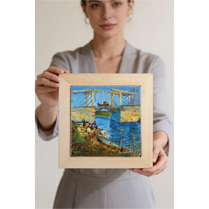 Vincent Van Gogh - Langlois Köprüsü - Doğal Ahşap Çerçeveli Taş Tablo