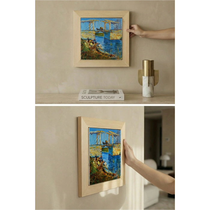 Vincent Van Gogh - Langlois Köprüsü - Doğal Ahşap Çerçeveli Taş Tablo