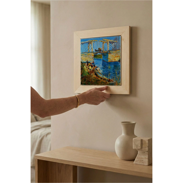 Vincent Van Gogh - Langlois Köprüsü - Doğal Ahşap Çerçeveli Taş Tablo