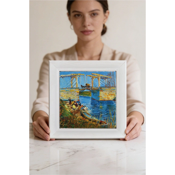 Vincent Van Gogh - Langlois Köprüsü - Doğal Ahşap Çerçeveli Taş Tablo