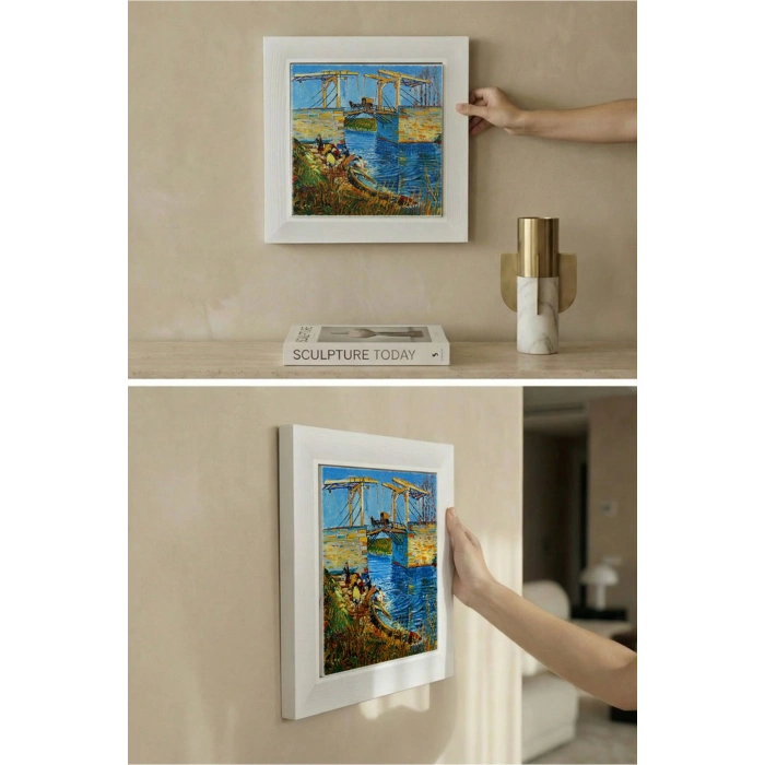 Vincent Van Gogh - Langlois Köprüsü - Doğal Ahşap Çerçeveli Taş Tablo