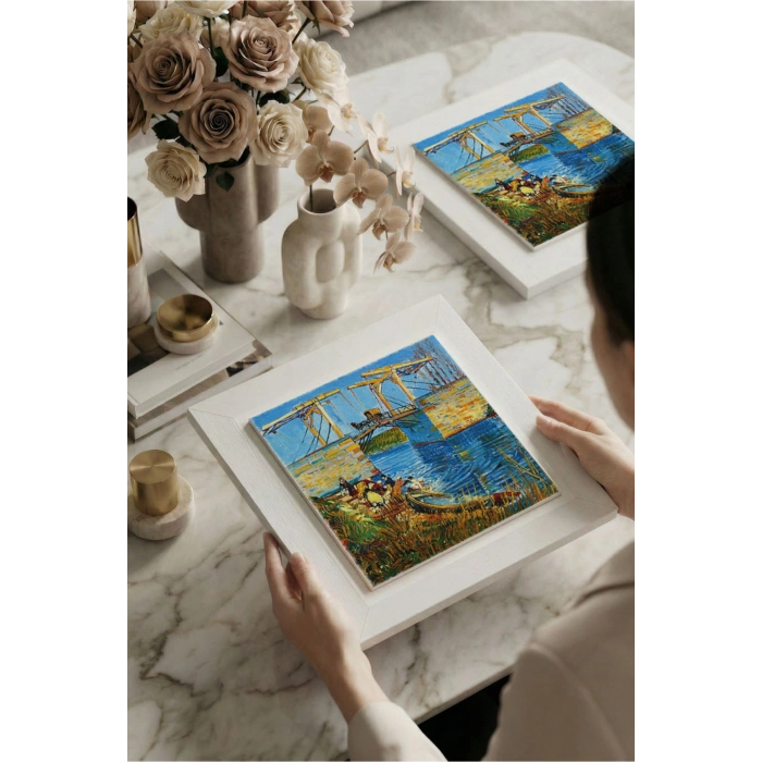 Vincent Van Gogh - Langlois Köprüsü - Doğal Ahşap Çerçeveli Taş Tablo