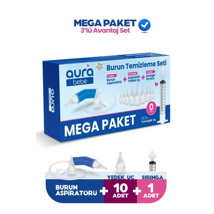MEGA PAKET Bebek Burun Temizleme Aspiratörü, 10 Yedek Uç ve Burun Temizleme Şırıngası