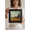 Vincent Van Gogh - Selvi Ağaçlı Buğday Tarlası - Doğal Ahşap Çerçeveli Taş Tablo