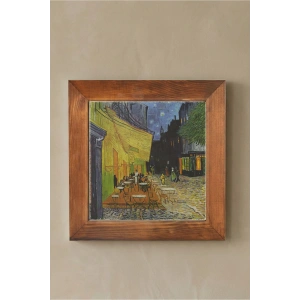 Vincent Van Gogh - Terrasse de Cafe de Nuit - Doğal Ahşap Çerçeveli Taş Tablo