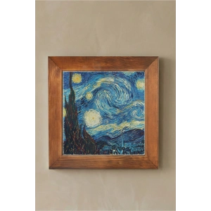Vincent Van Gogh -Yıldızlı Gece - Doğal Ahşap Çerçeveli Taş Tablo