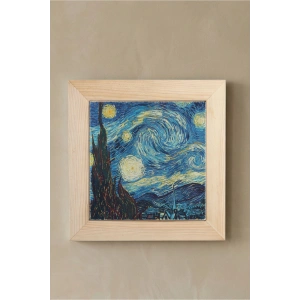 Vincent Van Gogh -Yıldızlı Gece - Doğal Ahşap Çerçeveli Taş Tablo