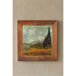 Vincent Van Gogh - Selvi Ağaçlı Buğday Tarlası - Doğal Ahşap Çerçeveli Taş Tablo