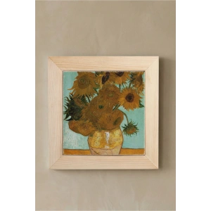 Vincent Van Gogh - On İki Ayçiçekli Vazo - Doğal Ahşap Çerçeveli Taş Tablo