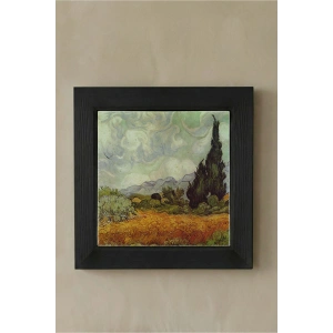 Vincent Van Gogh - Selvi Ağaçlı Buğday Tarlası - Doğal Ahşap Çerçeveli Taş Tablo